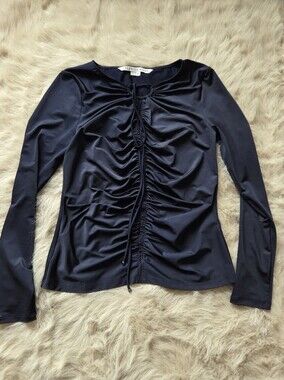 Veronica Beard Navy Long-Sleeve Ruched Front Top